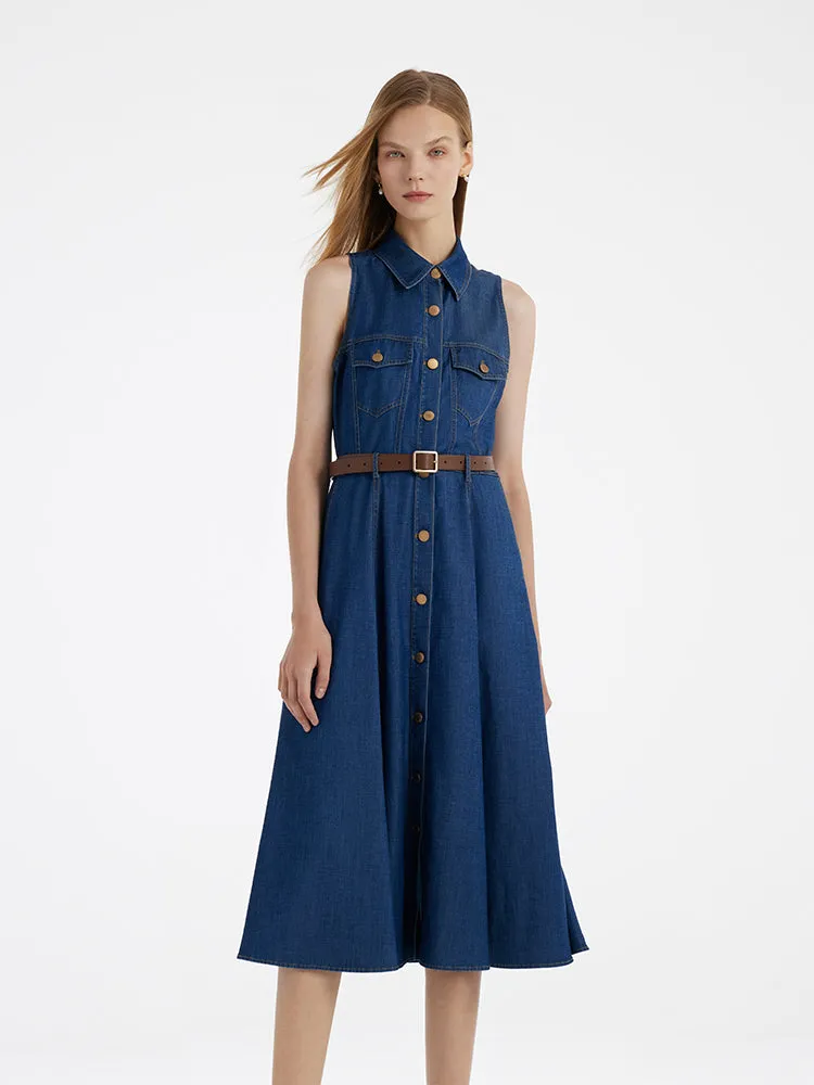 Denim Lapel Women Midi Vest Dress With Belt sold by Goelia