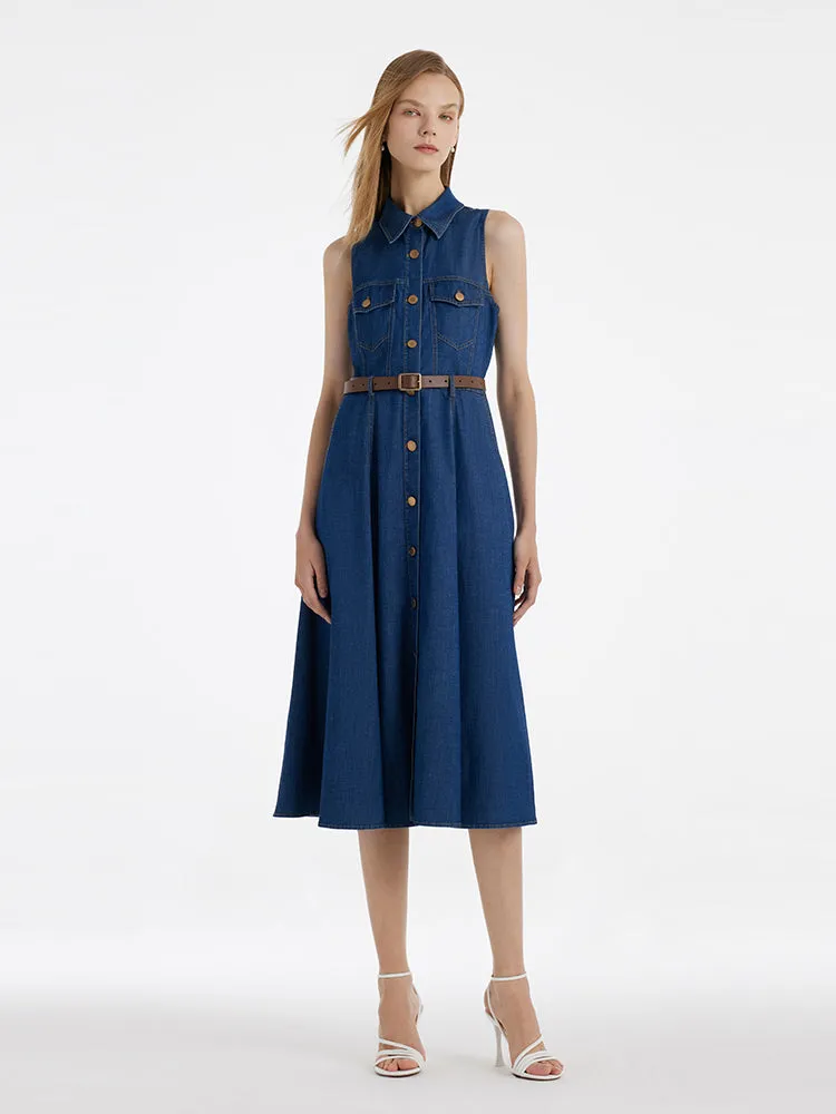 Denim Lapel Women Midi Vest Dress With Belt sold by Goelia product image thumbnail 2