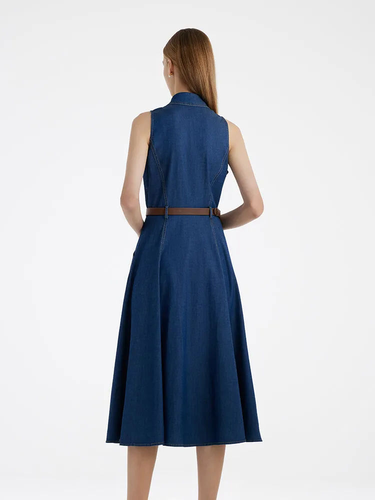 Denim Lapel Women Midi Vest Dress With Belt sold by Goelia product image thumbnail 5