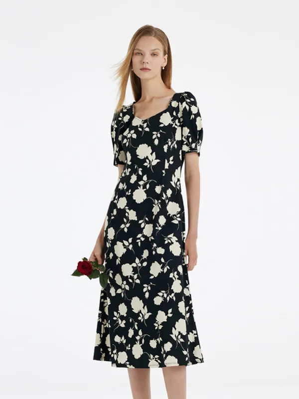 Rose Print Square Neck Women Midi Dress sold by Goelia