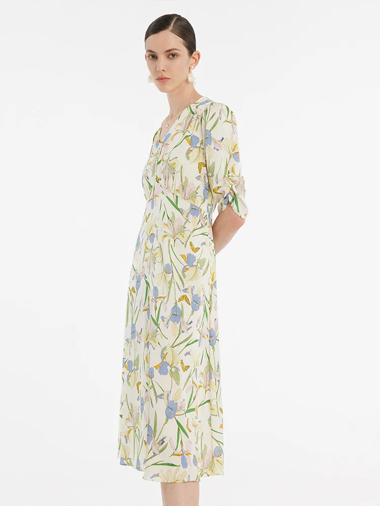 19 Momme Mulberry Silk Iris Print V-Neck Women Midi Dress With Sleep Mask And Scrunchie sold by Goelia product image thumbnail 4