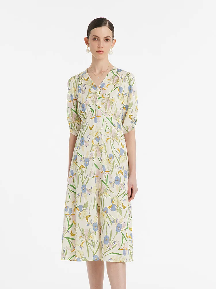 19 Momme Mulberry Silk Iris Print V-Neck Women Midi Dress With Sleep Mask And Scrunchie sold by Goelia