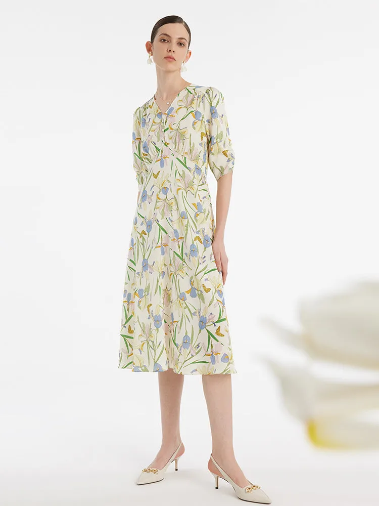 19 Momme Mulberry Silk Iris Print V-Neck Women Midi Dress With Sleep Mask And Scrunchie sold by Goelia product image thumbnail 2