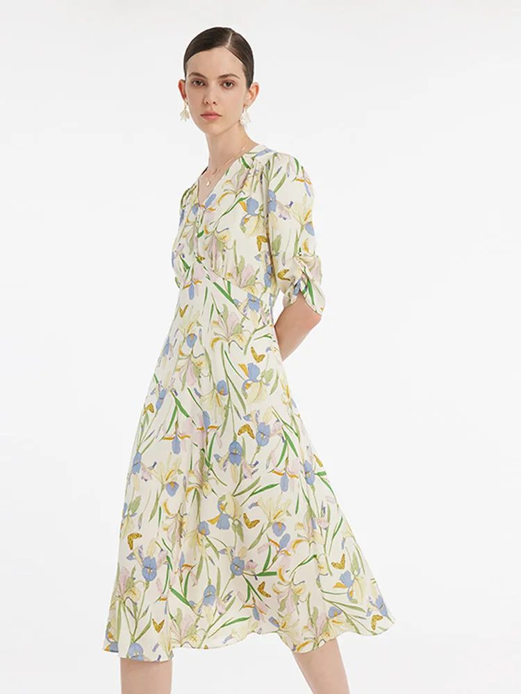 19 Momme Mulberry Silk Iris Print V-Neck Women Midi Dress With Sleep Mask And Scrunchie sold by Goelia product image thumbnail 3