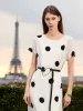 16 Momme Mulberry Silk Boat Neck Polka Dots Print Women Midi Dress With Belt And Scrunchie sold by Goelia