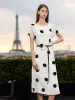 16 Momme Mulberry Silk Boat Neck Polka Dots Print Women Midi Dress With Belt And Scrunchie sold by Goelia