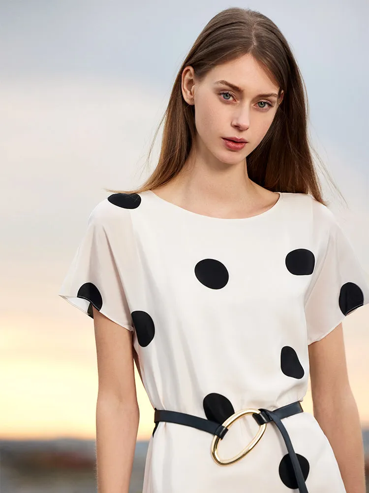 16 Momme Mulberry Silk Boat Neck Polka Dots Print Women Midi Dress With Belt And Scrunchie sold by Goelia product image thumbnail 5