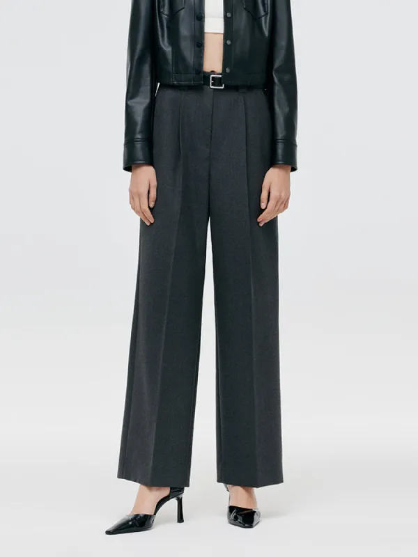 Worsted Wool Women Wide Leg Pants With Leather Belt sold by Goelia