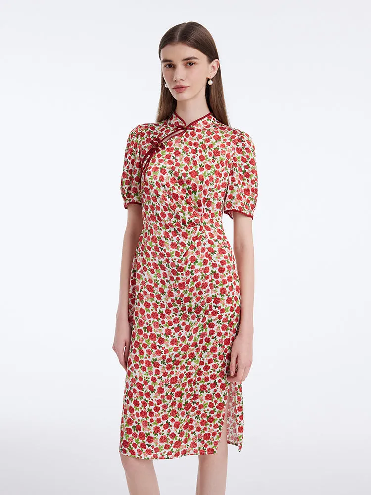 Red Rose Print Cheongsam Qipao Women Midi Dress sold by Goelia