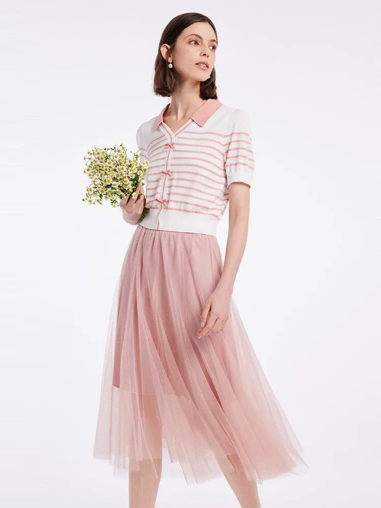 Knitted Women Cardigan And Tulle Skirt Two-Piece Set sold by Goelia