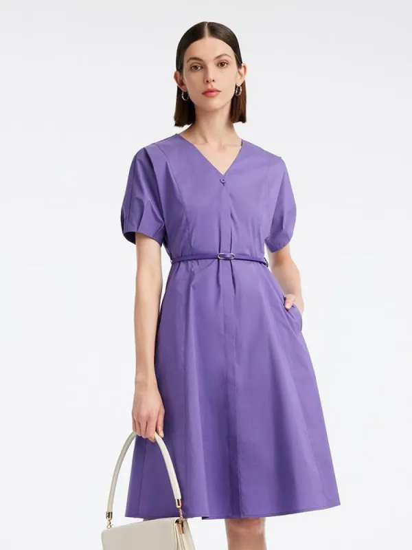 Cotton Short Sleeve V-neck Mini Dress With Belt sold by Goelia
