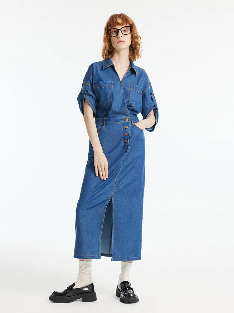 Denim V-Neck Slit Lapel Women Maxi Dress sold by Goelia