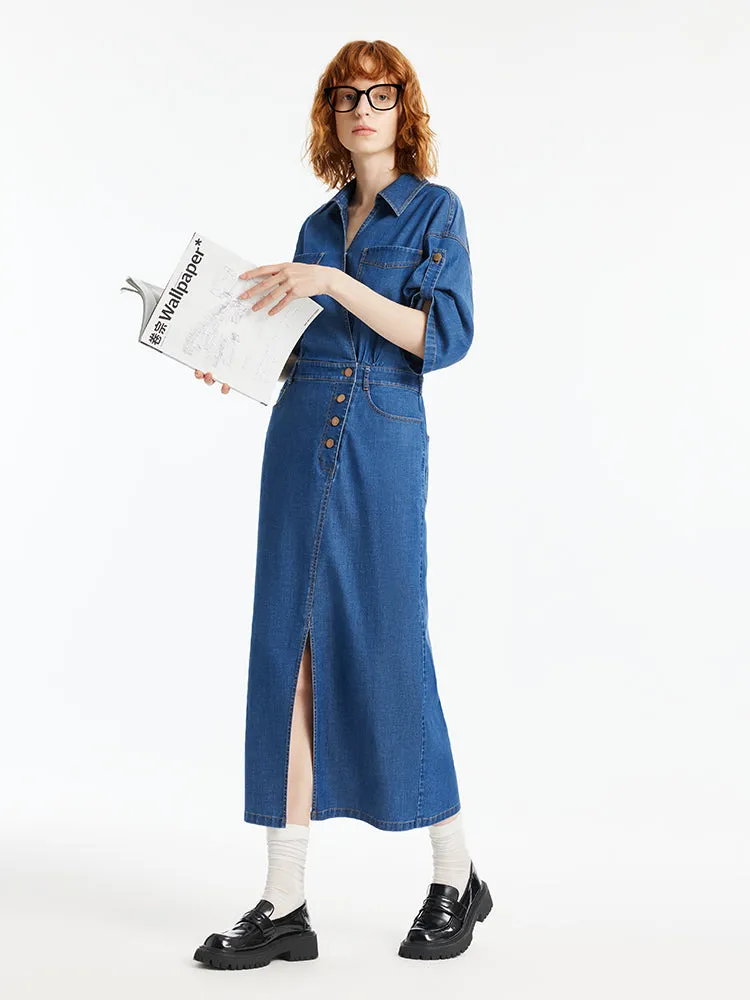 Denim V-Neck Slit Lapel Women Maxi Dress sold by Goelia product image thumbnail 2