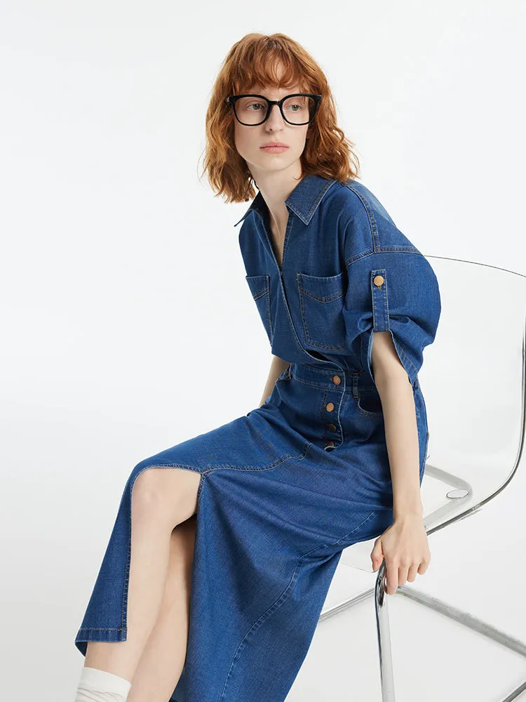 Denim V-Neck Slit Lapel Women Maxi Dress sold by Goelia product image thumbnail 5