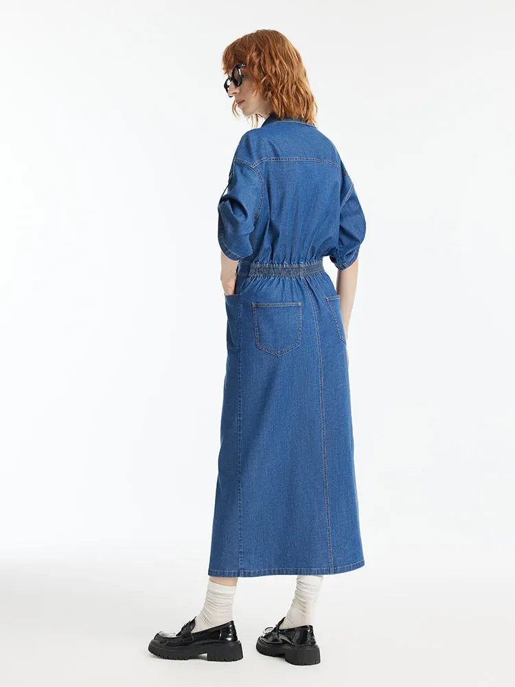 Denim V-Neck Slit Lapel Women Maxi Dress sold by Goelia product image thumbnail 4