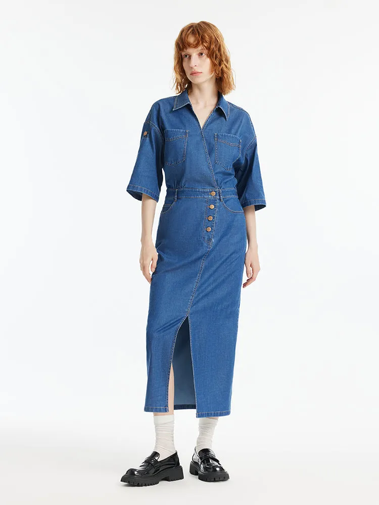Denim V-Neck Slit Lapel Women Maxi Dress sold by Goelia product image thumbnail 3