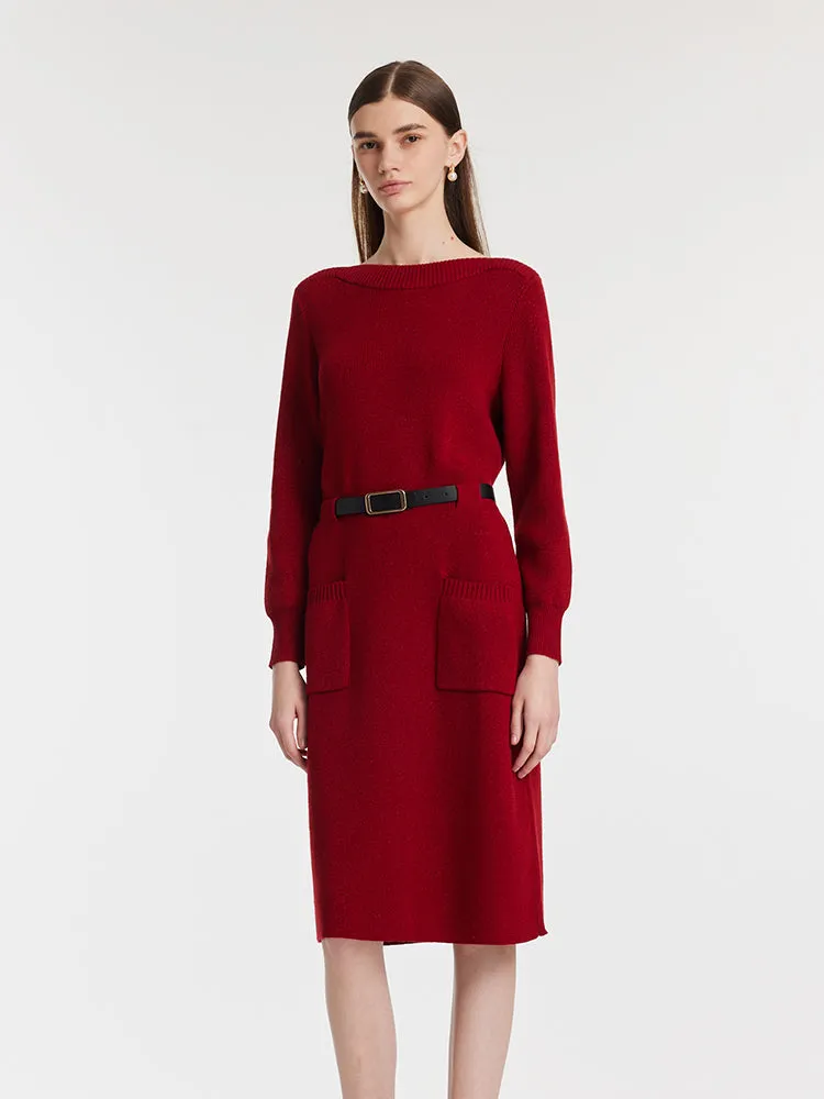Slash Neck Knitted Women Midi Dress With Belt sold by Goelia