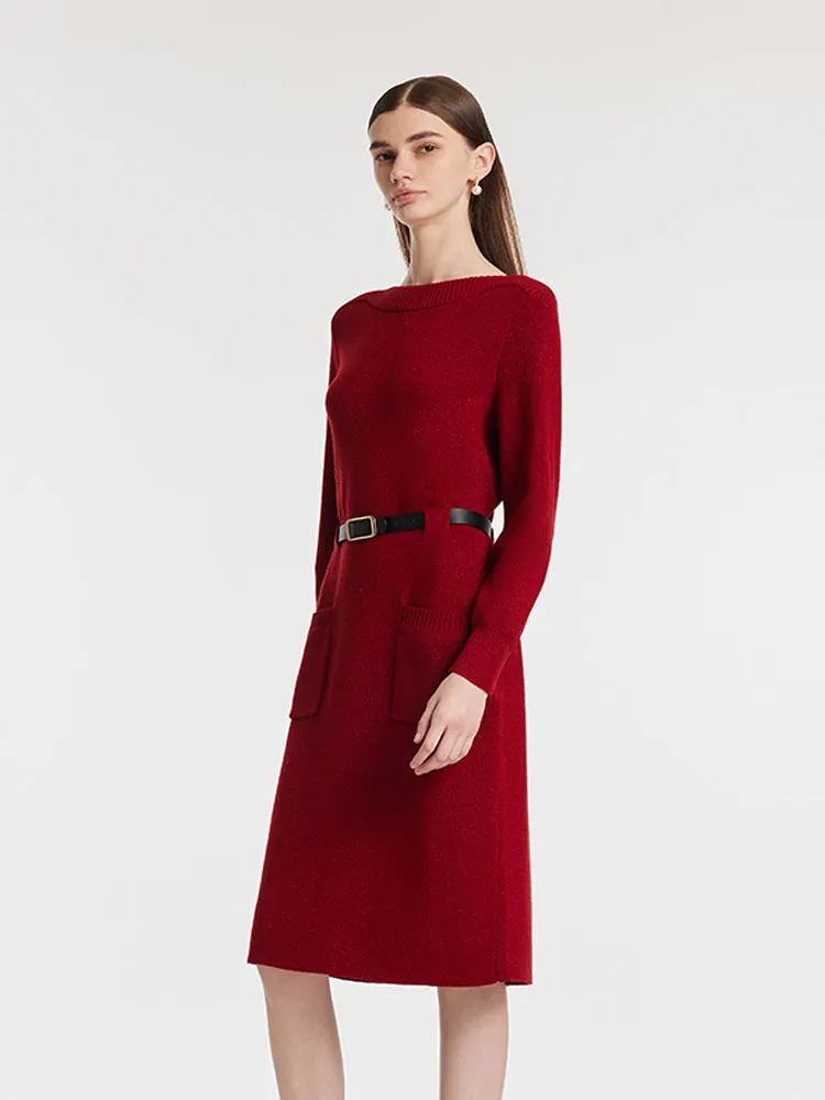 Slash Neck Knitted Women Midi Dress With Belt sold by Goelia product image thumbnail 5