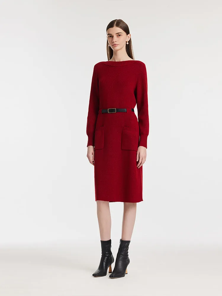 Slash Neck Knitted Women Midi Dress With Belt sold by Goelia product image thumbnail 3