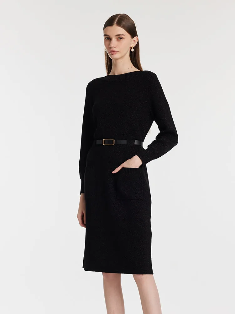 Slash Neck Knitted Women Midi Dress With Belt sold by Goelia product image thumbnail 2