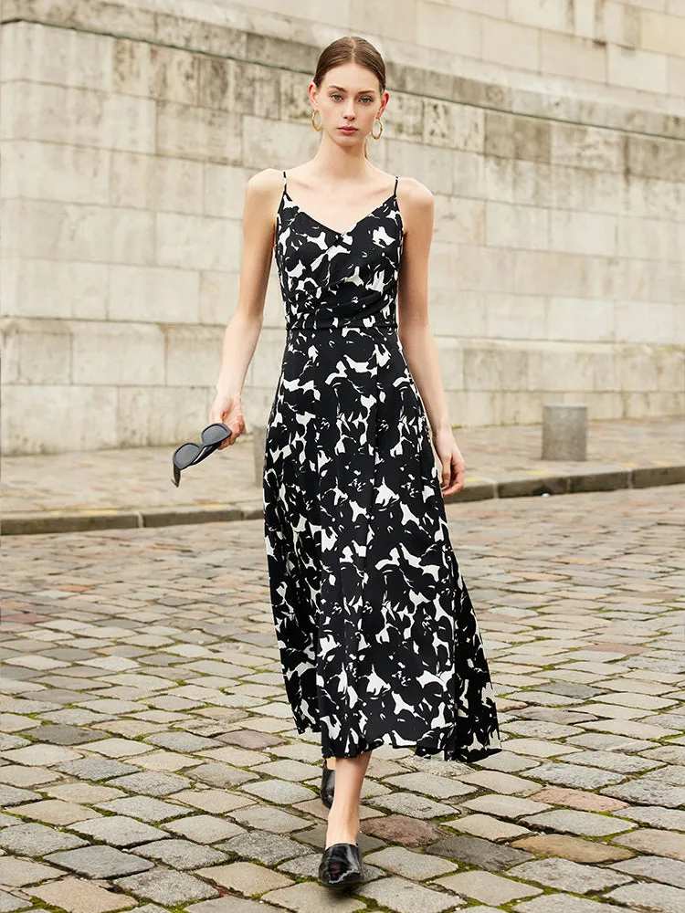 19 Momme Mulberry Silk Iris Print Women Maxi Spaghetti Strap Dress With Scrunchie sold by Goelia