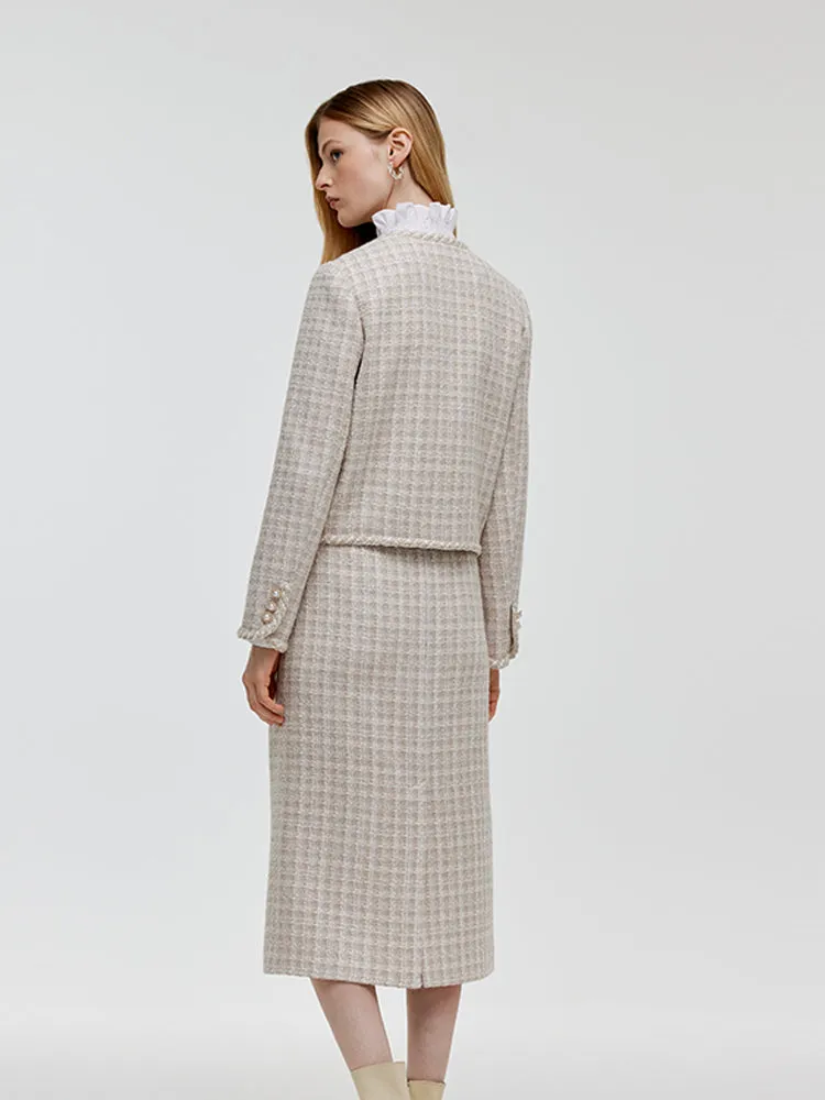 Wool Blend Tweed V-Neck Women Crop Jacket And Skirt Two-Piece Set sold by Goelia product image thumbnail 3