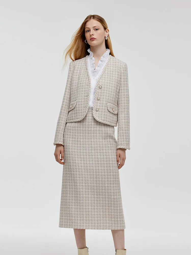 Wool Blend Tweed V-Neck Women Crop Jacket And Skirt Two-Piece Set sold by Goelia product image thumbnail 2