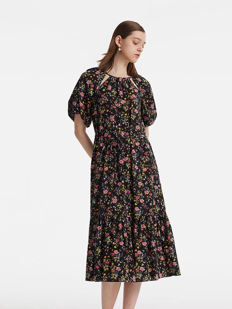 16 Momme Mulberry Silk Cut-Out Rose Print Women Midi Dress sold by Goelia