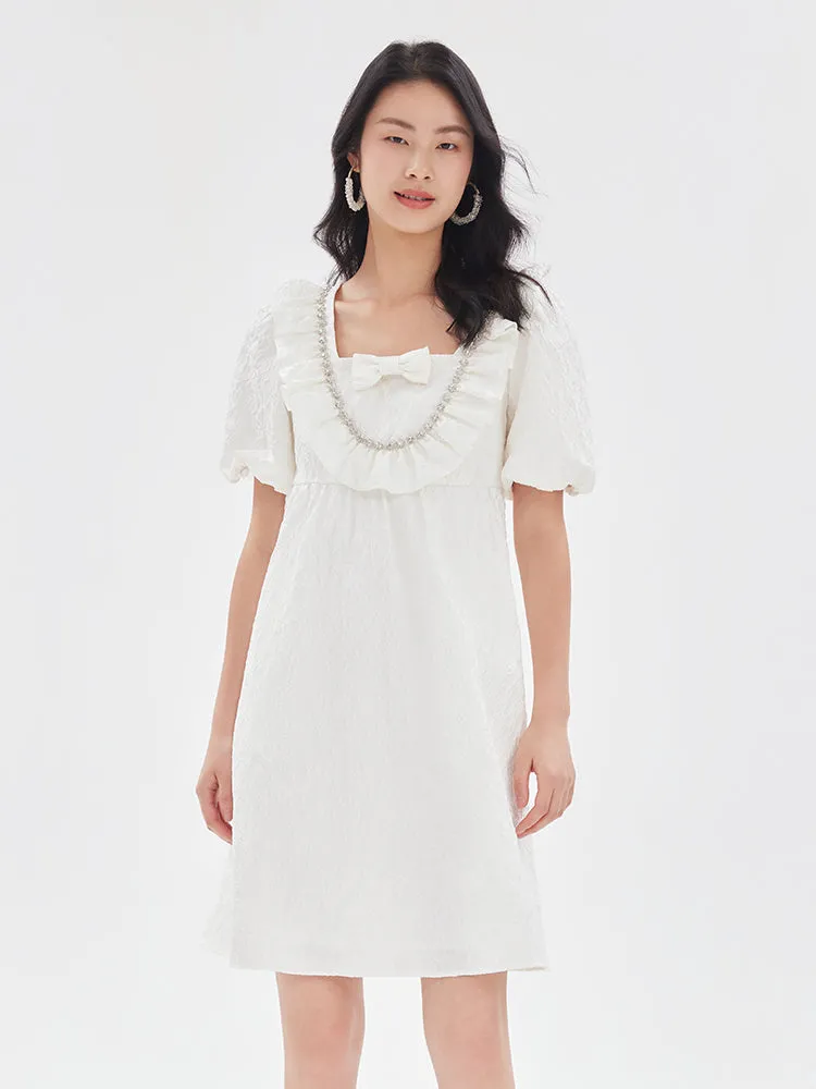 White Jacquard Bowknot Ruffle Mini Dress sold by Goelia