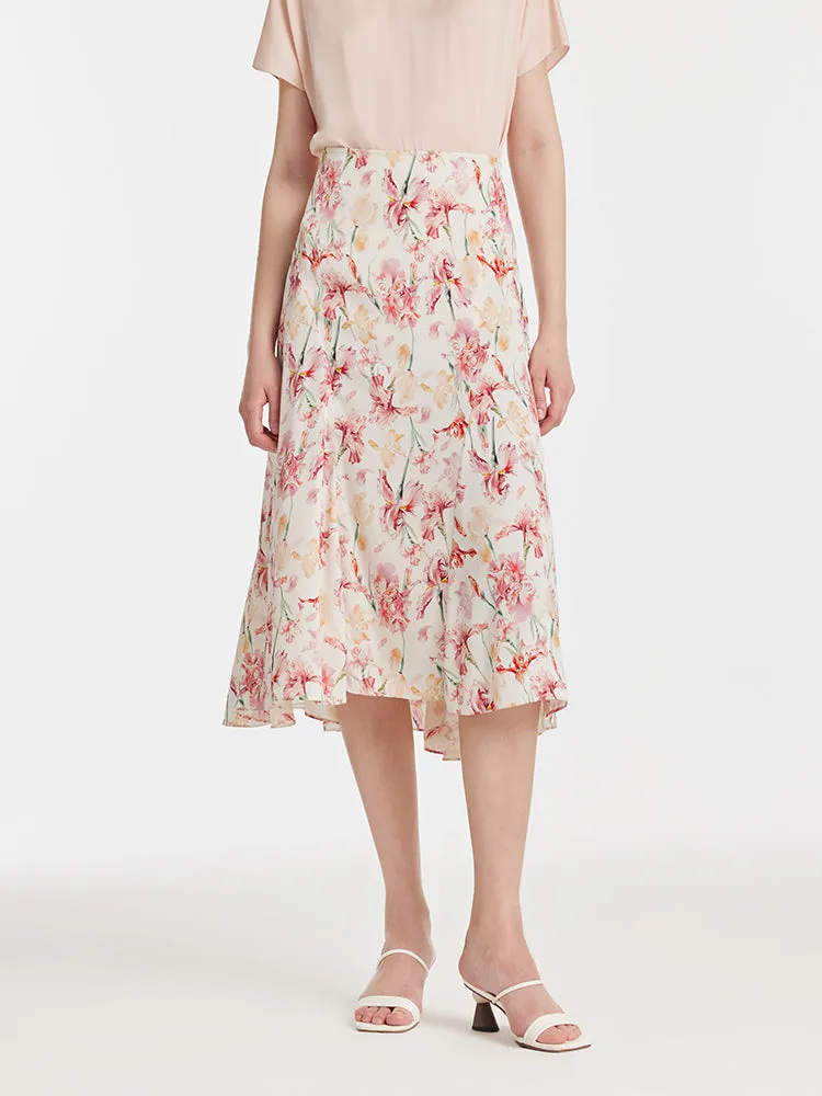 19 Momme Mulberry Silk Iris Print Women Half Skirt sold by Goelia