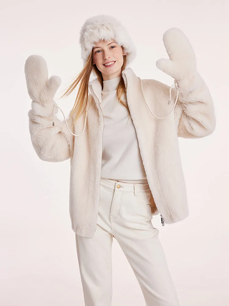 Short Stand Collar Zippered Velour Women Coat With Gloves sold by Goelia product image thumbnail 3