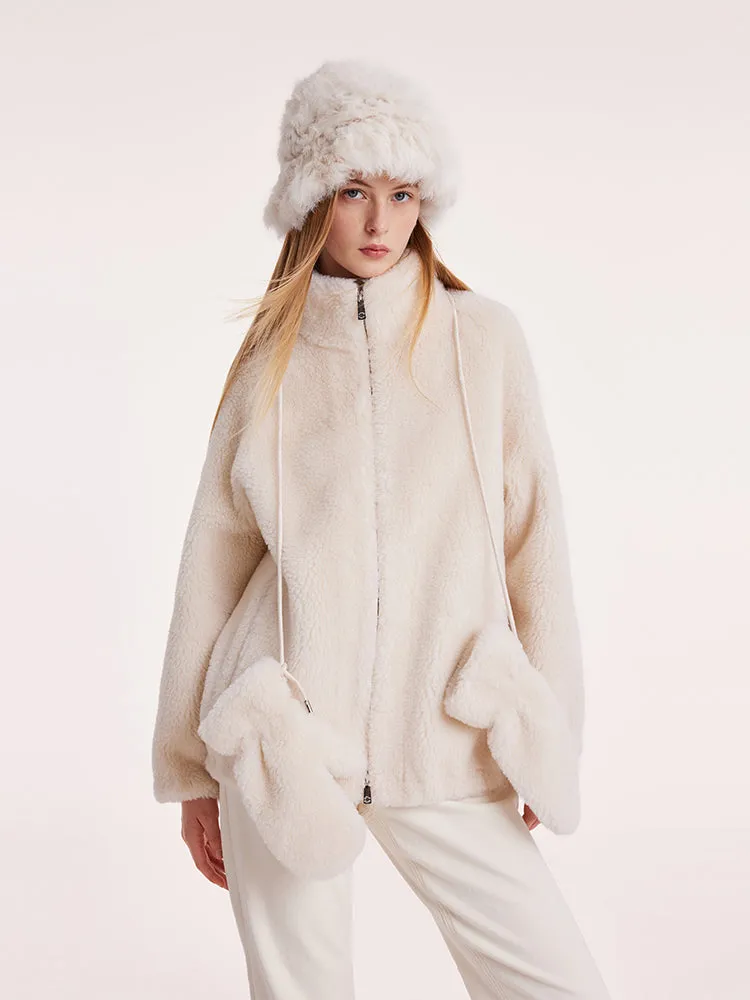 Short Stand Collar Zippered Velour Women Coat With Gloves sold by Goelia