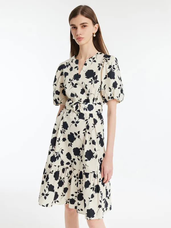 Rose Print Puff Sleeves Women Mini Dress With Belt sold by Goelia
