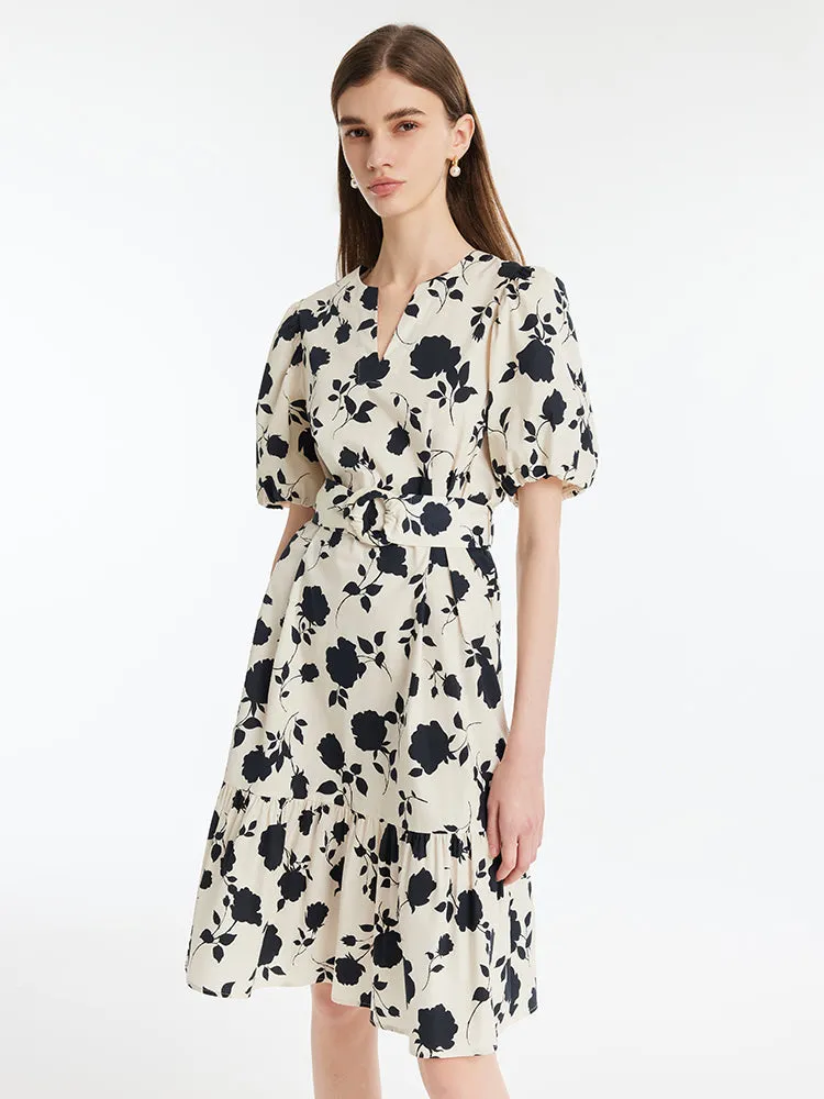 Rose Print Puff Sleeves Women Mini Dress With Belt sold by Goelia