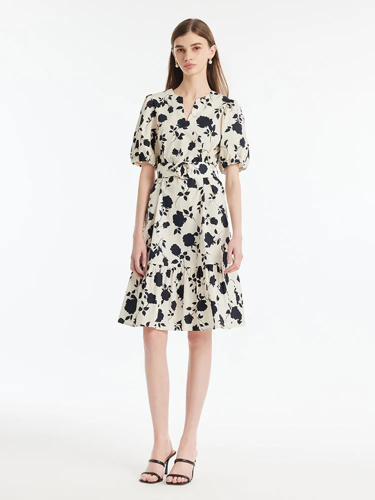 Rose Print Puff Sleeves Women Mini Dress With Belt sold by Goelia product image thumbnail 2