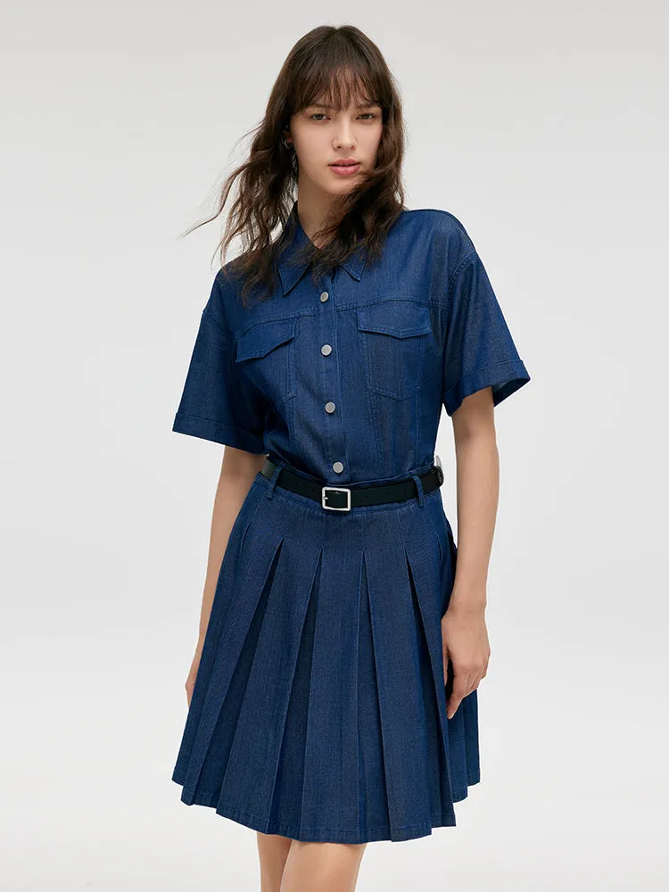 Double-Layer Denim Women Mini Dress With Belt sold by Goelia
