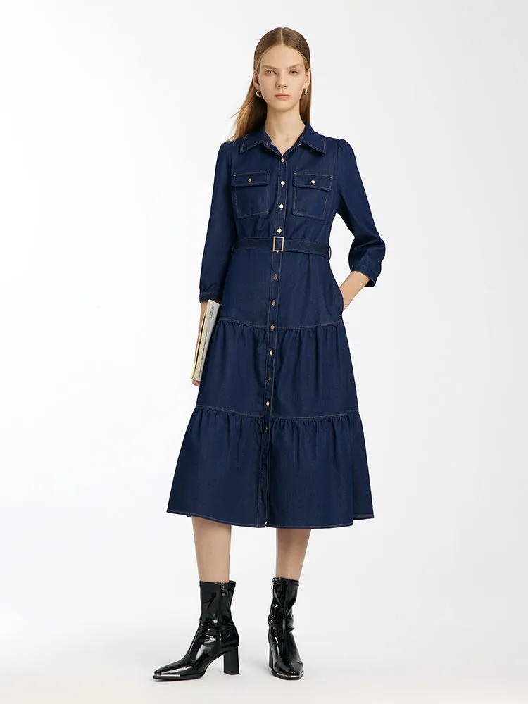 Denim Gathered Waist Women Midi Dress With Belt sold by Goelia product image thumbnail 4