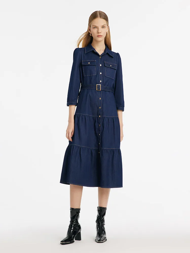 Denim Gathered Waist Women Midi Dress With Belt sold by Goelia product image thumbnail 2