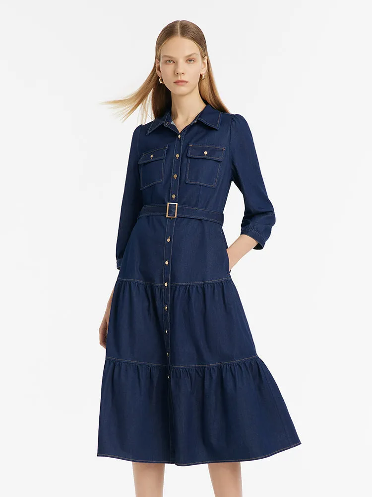 Denim Gathered Waist Women Midi Dress With Belt sold by Goelia