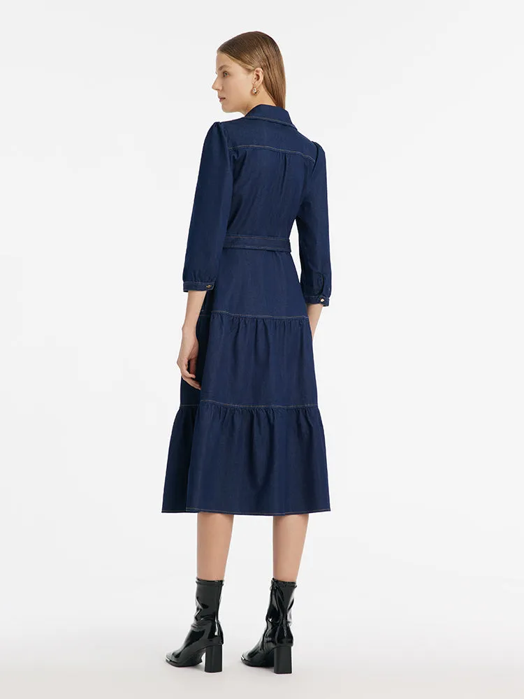 Denim Gathered Waist Women Midi Dress With Belt sold by Goelia product image thumbnail 5