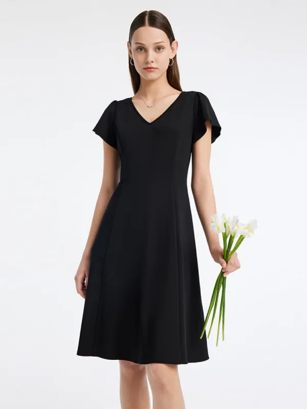 Black V-neck Gathered Waist Mini Dress sold by Goelia