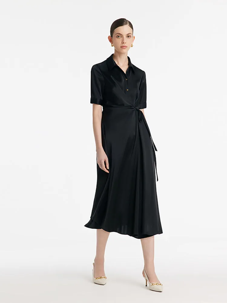 Triacetate Lapel Tied Gathered Waist Women Midi Dress sold by Goelia product image thumbnail 3