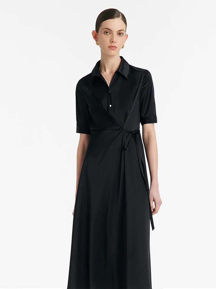 Triacetate Lapel Tied Gathered Waist Women Midi Dress sold by Goelia