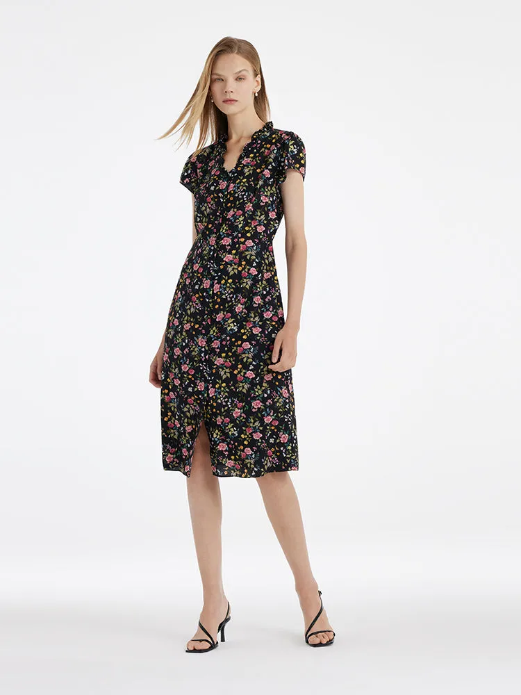 Mulberry Silk Ruffle Collar V-Neck Women Midi Dress sold by Goelia product image thumbnail 3