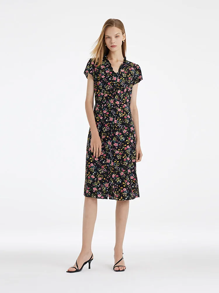 Mulberry Silk Ruffle Collar V-Neck Women Midi Dress sold by Goelia product image thumbnail 2