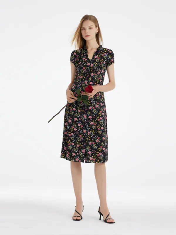 Mulberry Silk Ruffle Collar V-Neck Women Midi Dress sold by Goelia