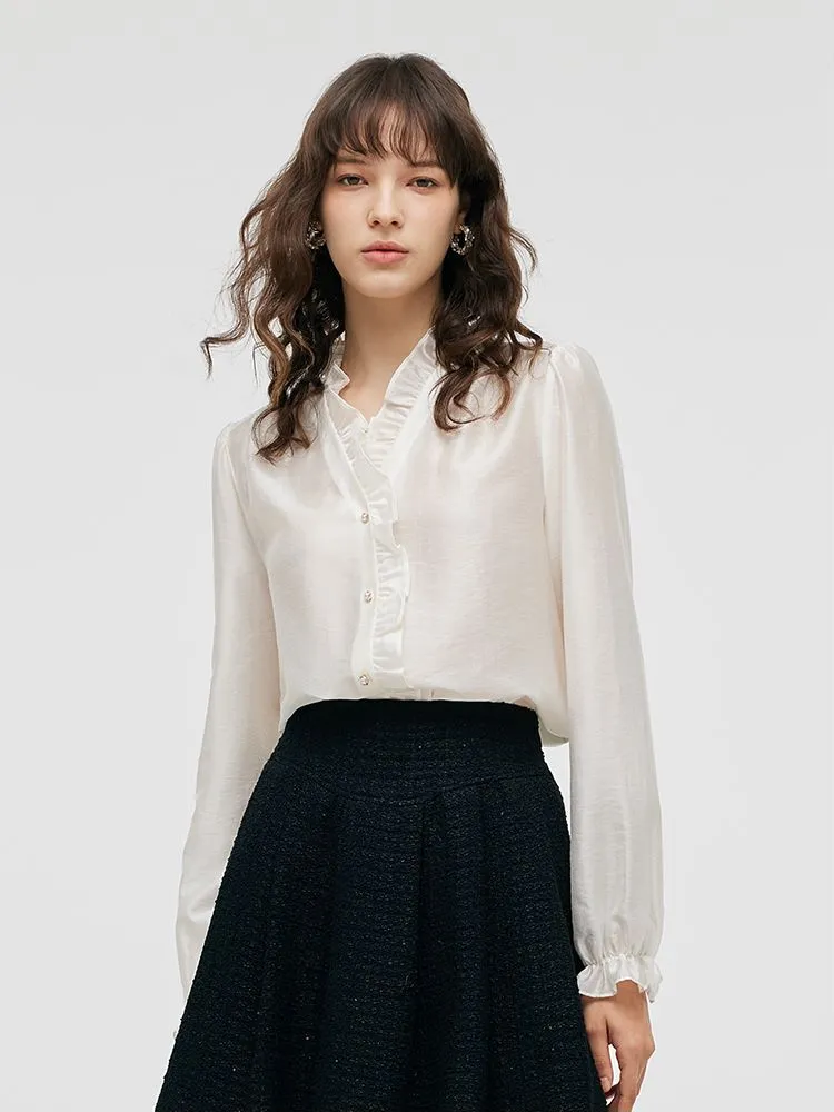 Tencel Ruffle Neck Women Shirt sold by Goelia