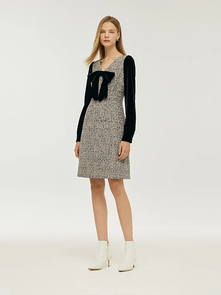 Wool Blend Patchwork Velvet Women Mini Dress With Detachable Bowknot sold by Goelia product image thumbnail 2