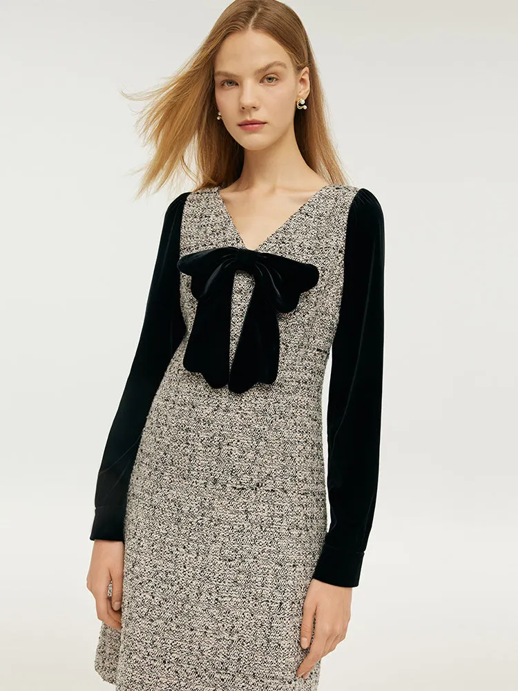 Wool Blend Patchwork Velvet Women Mini Dress With Detachable Bowknot sold by Goelia product image thumbnail 5