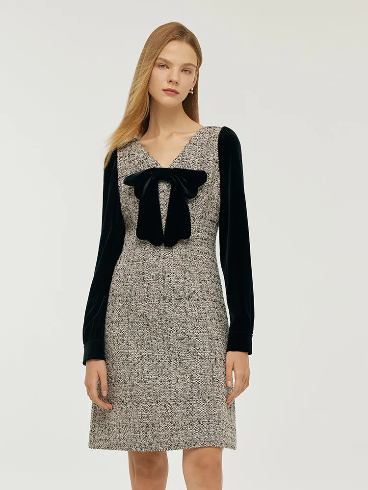 Wool Blend Patchwork Velvet Women Mini Dress With Detachable Bowknot sold by Goelia product image thumbnail 4